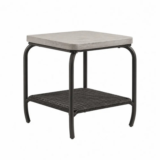 Table d’appoint de jardin carrée 55 cm x 55 cm x 55 cm en acier thermolaqué noir plateau effet béton et étagère en corde tressée