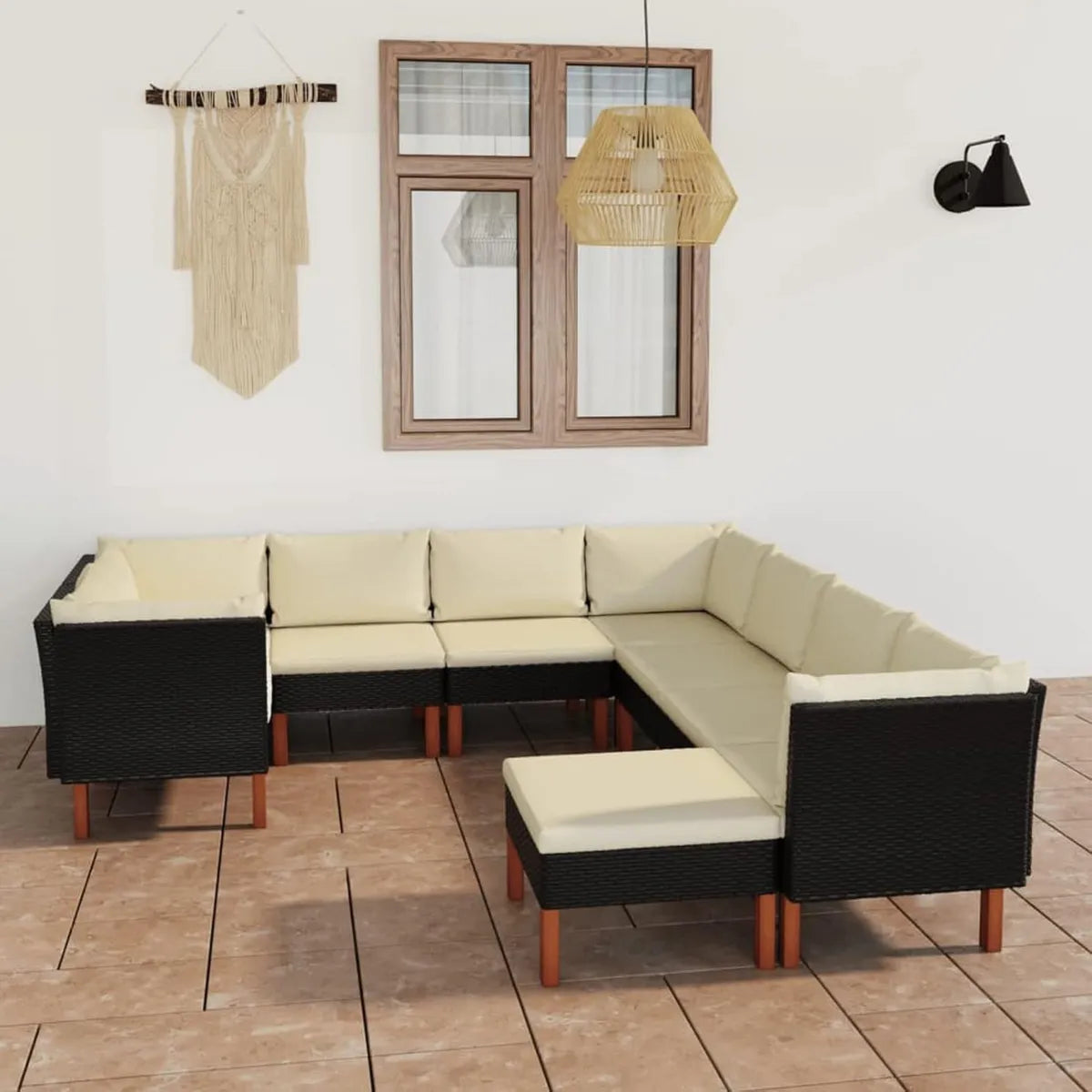 Ensemble de Salon de Jardin en Résine, 9 Pièces, avec Coussins Noirs