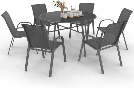Ensemble de Jardin Madrid avec Table Ronde 120 CM et 6 Chaises Empilables Anthracite