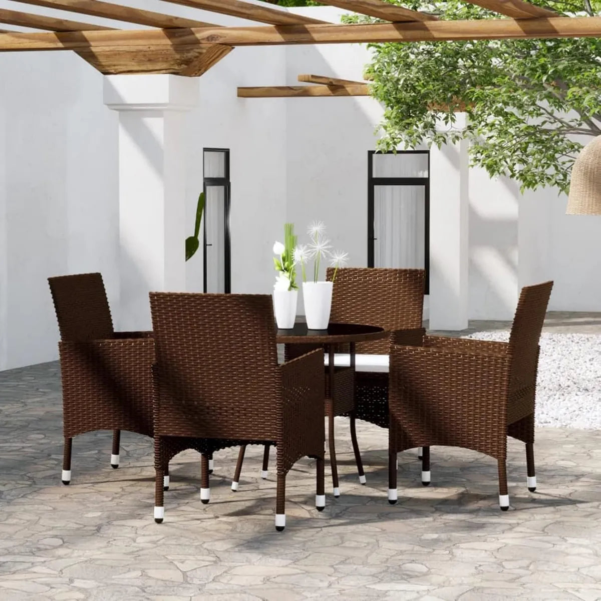 Ensemble de Salle à Manger Extérieur 5 Pièces en Polyrotin Marron - Table et Chaises de Jardin