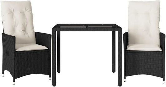 Ensemble Bistro 3 pièces avec Coussins en Résine Tressée Noire pour Jardin et Balcon