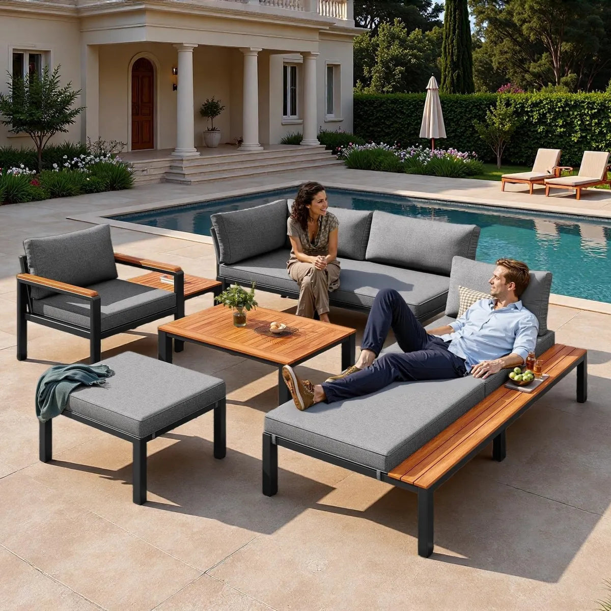 Ensemble de Jardin 6 Personnes, Canapé Modulaire, Coussins Respirants, Table en Bois