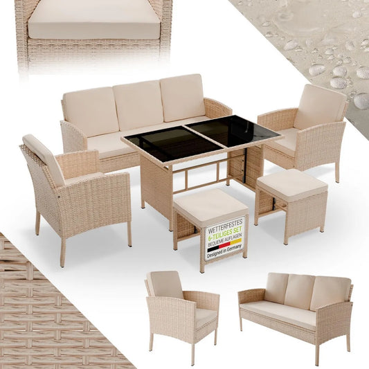 Ensemble de Jardin en Rotin Synthétique Turin - 6 Éléments pour 7 Personnes - Mobilier d'Extérieur avec Fauteuils, Table et Coussins Crème/Sable