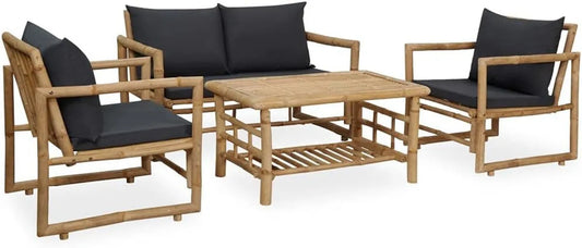 Ensemble Mobilier de Jardin 4 Pièces en Bambou avec Coussins