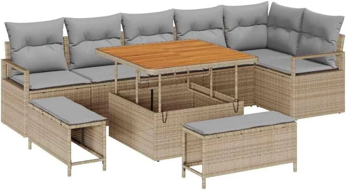 Ensemble Salon de Jardin 9 Pièces en Rotin Beige Résistant avec Coussins