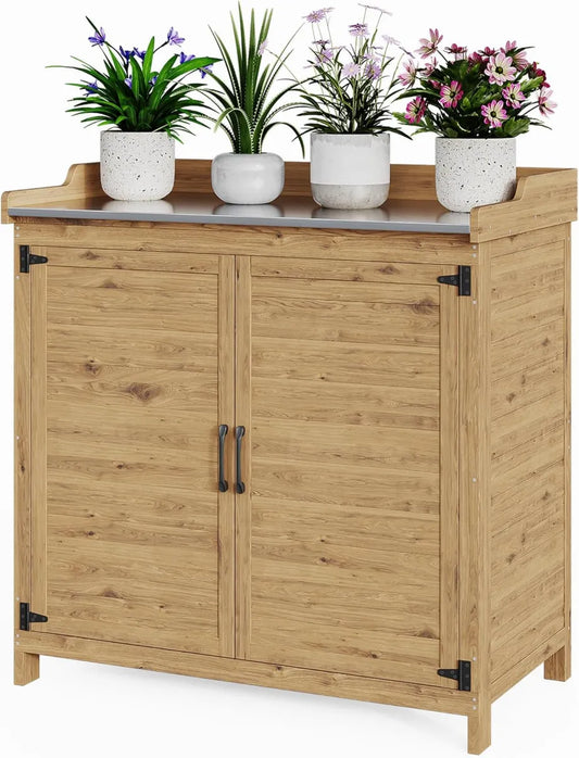 Table de Rempotage avec Rangement pour Jardin, Balcon et Terrasse, Meuble de Jardin en Bois avec Étagère Amovible, Dimensions 98x48x95 cm