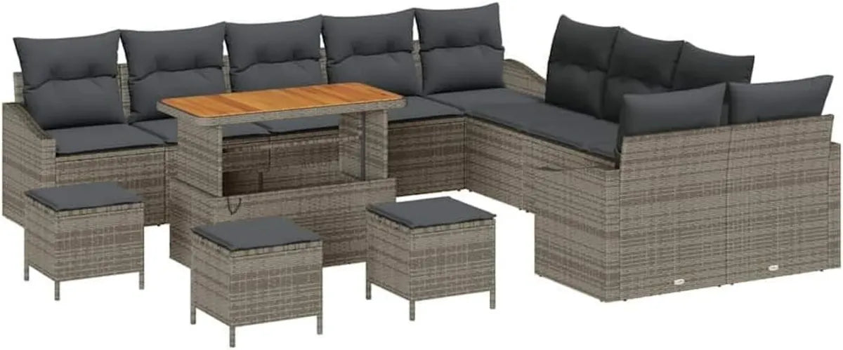 Ensemble de Salon de Jardin Modulaire 14 Pièces en Polyrotin Gris avec Table en Acacia et Coussins