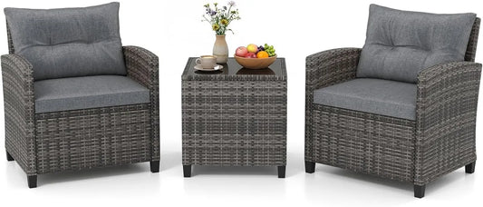 Ensemble de Jardin 3 Pièces en Rotin avec Fauteuils et Table en Verre pour Extérieur