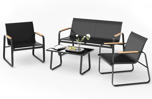 Ensemble de Jardin Extérieur 4 Places avec Table en Verre et Fauteuils Textilène