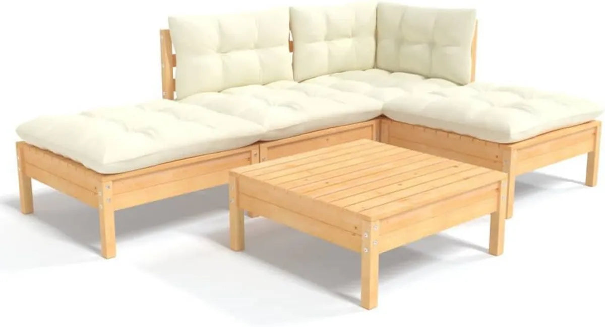 Ensemble de Jardin en Bois de Pin avec Coussins Crème - 5 Pièces