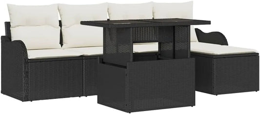 Set de Salon de Jardin Extérieur 6 Pièces en Rotin Noir, Mobilier Modulable avec Pieds Réglables