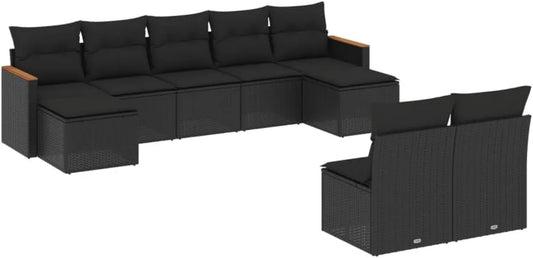 Ensemble de Salon de Jardin 9 Pièces en Résine Tressée Noire avec Coussins