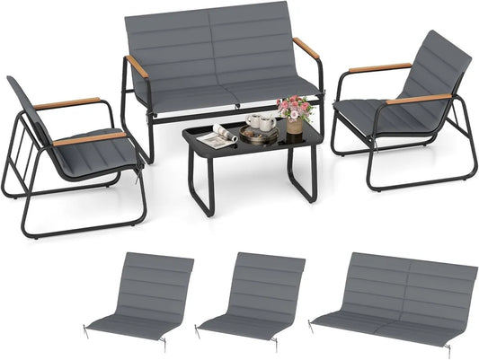 Ensemble de Mobilier de Jardin 4 Places avec Coussins Amovibles, Canapé, Chaises et Table Basse en Verre pour Extérieur