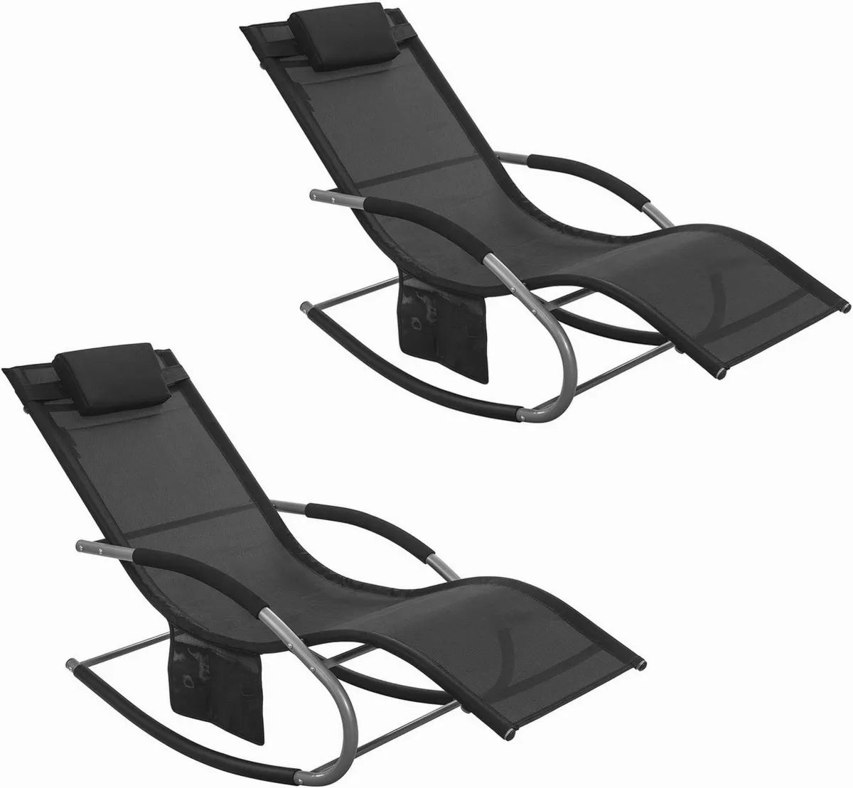 Set de 2 Chaises Longues Pliables Ergonomiques pour Jardin et Terrasse – Fauteuils de Soleil Relaxants en Fer, Noirs