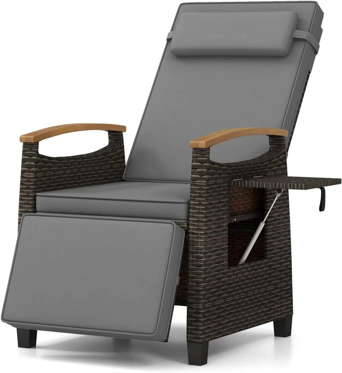 Chaise Longue en Rotin avec Dossier Ajustable et Tablette Pliable