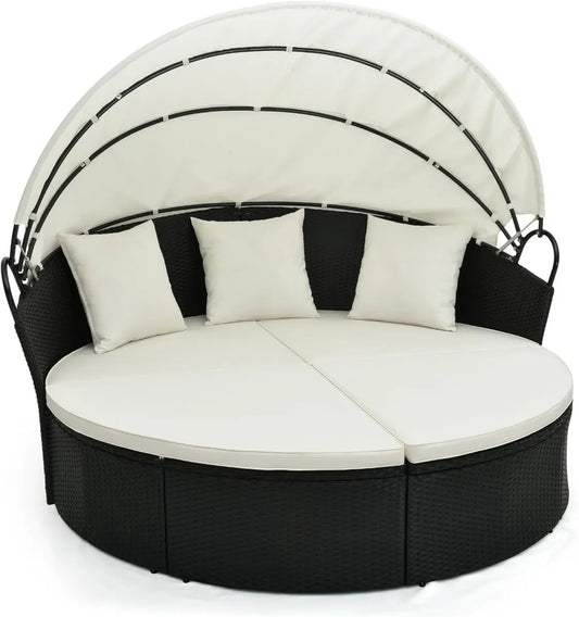 Ensemble de Lit Jardin Rond en Rotin avec Auvent Rétractable, Coussins Amovibles, Charge Maximale 360KG, Blanc Cassé