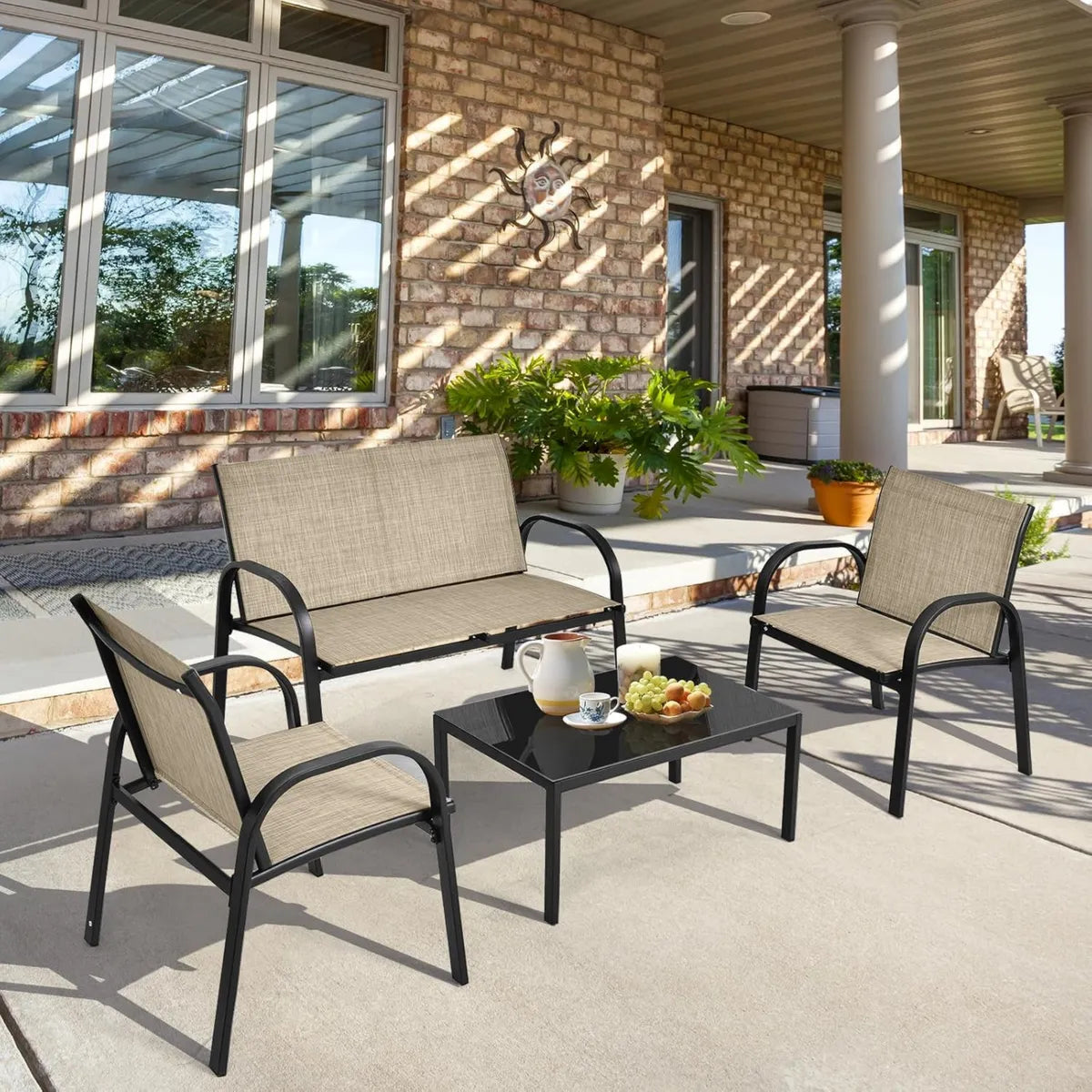 Ensemble Mobilier de Jardin 4 Pièces en Tissu Respirant, Table avec Verre Trempé, Canapé et Fauteuils pour Terrasse et Piscine, Marron