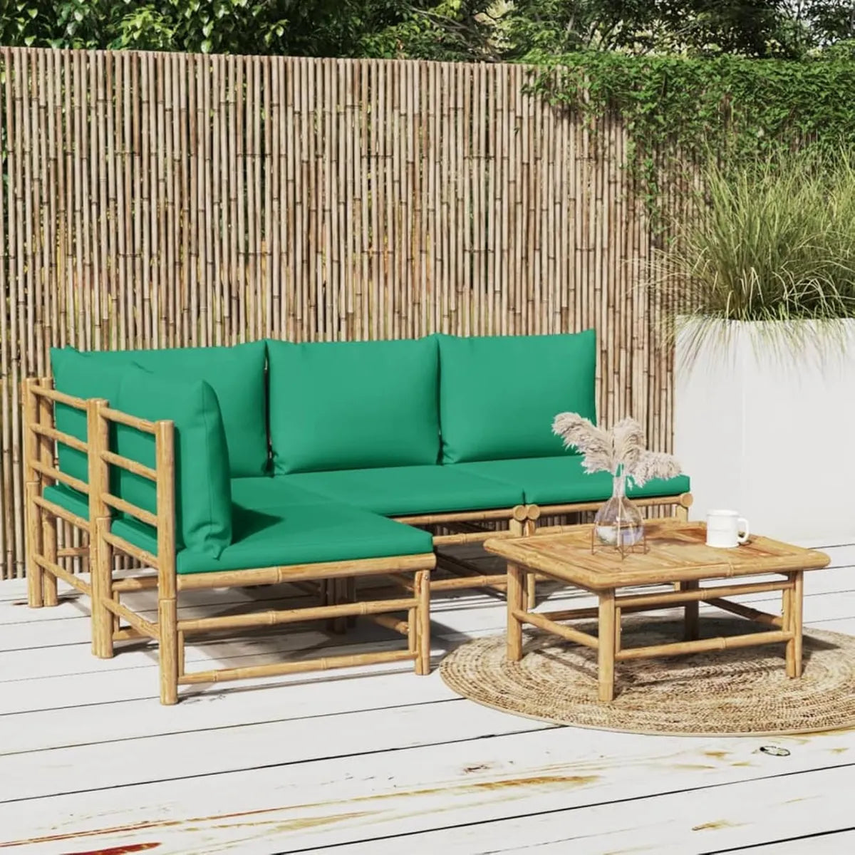 Ensemble de Jardin 5 Pièces en Bambou avec Coussins Verts