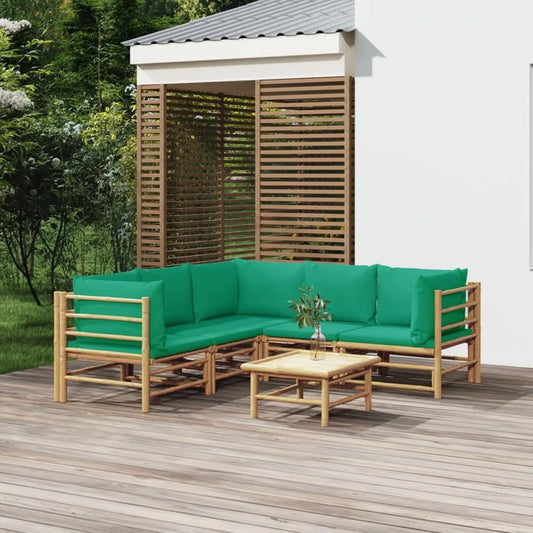 Ensemble de Meubles de Jardin 6 Pièces Bambou avec Coussins Verts