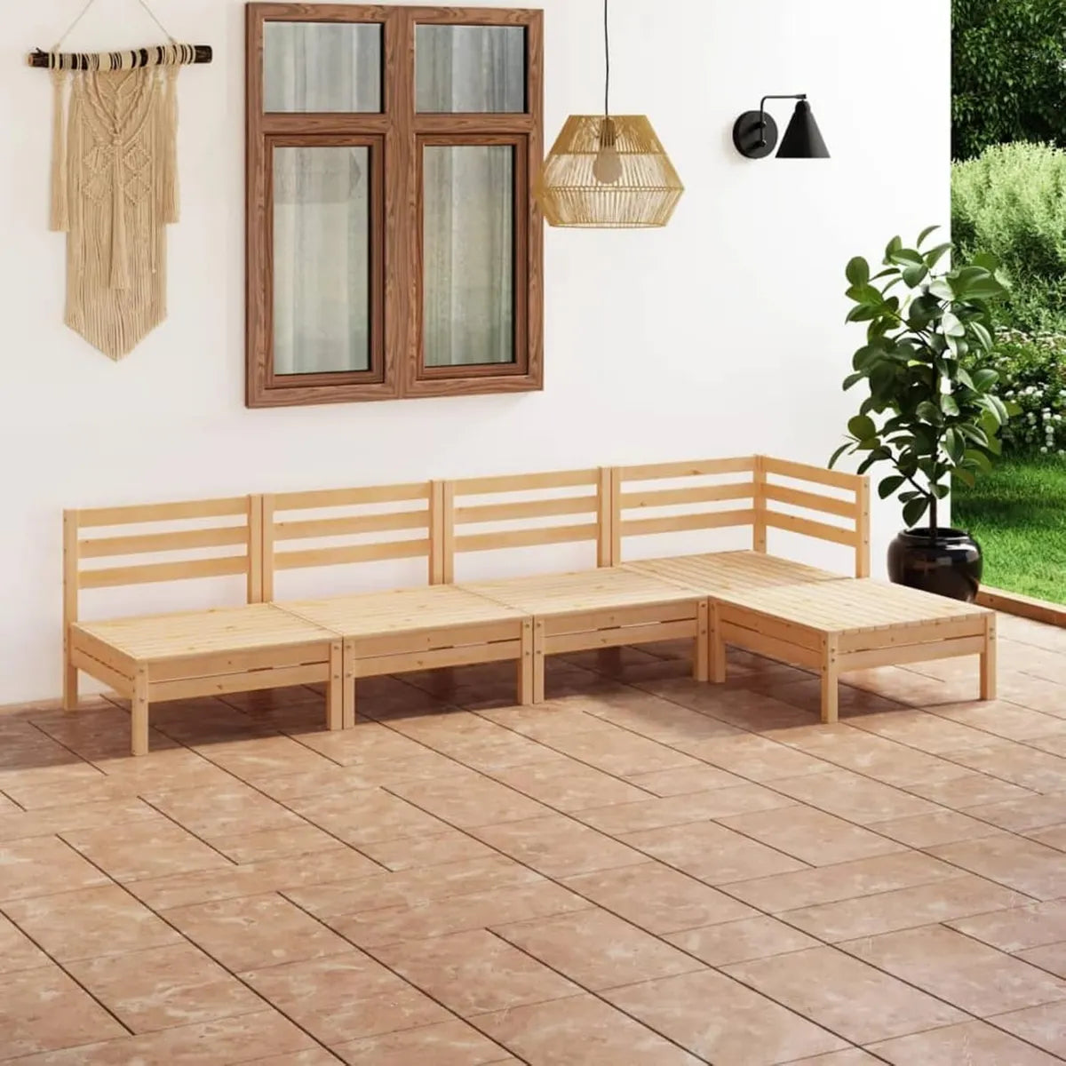 Ensemble de Jardin 5 Pièces en Bois de Pin Massif - Chaises Longues et Canapé-Lit Extérieur/Intérieur