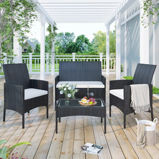 Salon de jardin en rotin résistant avec table et chaises pour extérieur