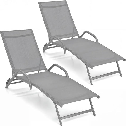 COSTWAY Lot de 2 Chaises Longues Inclinables, 5 Positions, Accoudoirs Confortables, Transat en Acier et Tissu pour Jardin, Terrasse, Charge jusqu'à 150 kg (Gris)