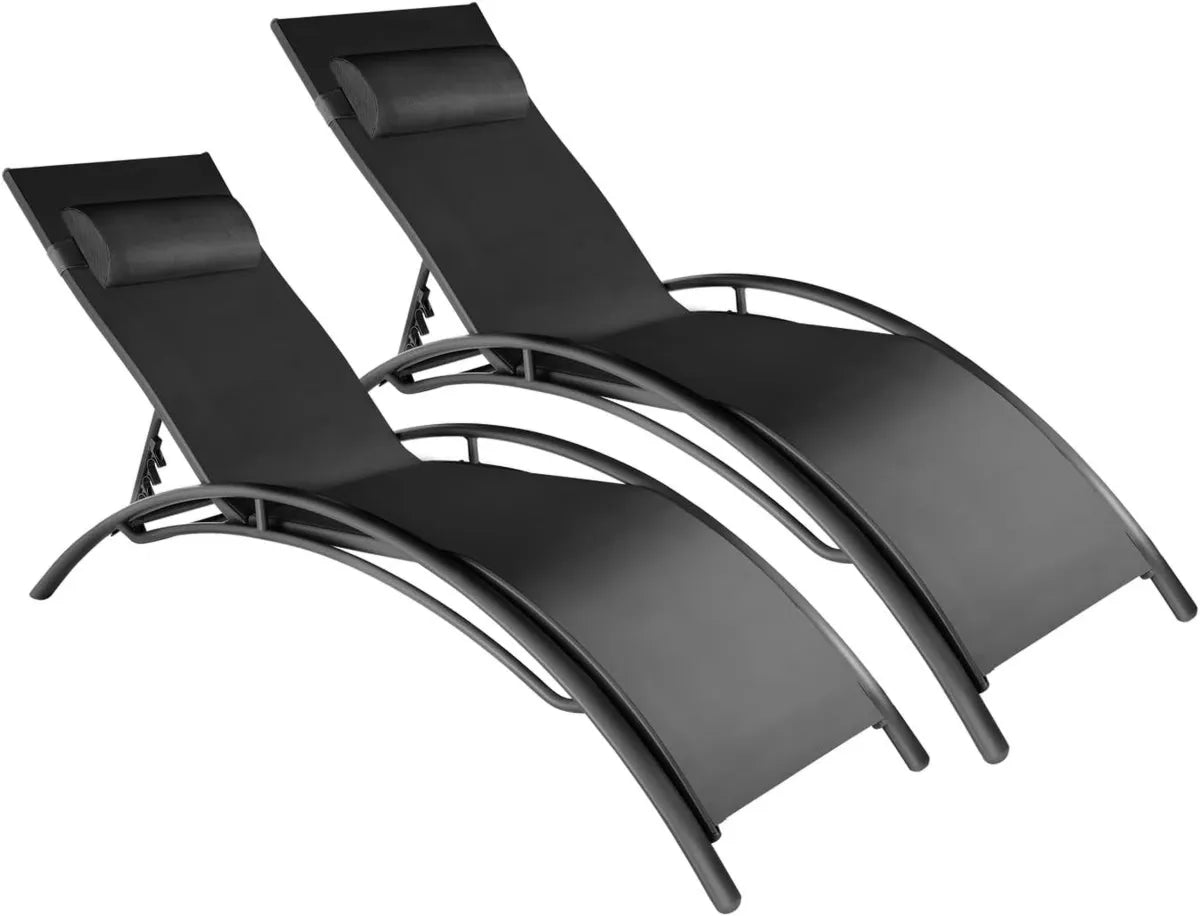 Ensemble de 2 Chaises Longues de Jardin avec Appuie-tête - Noir