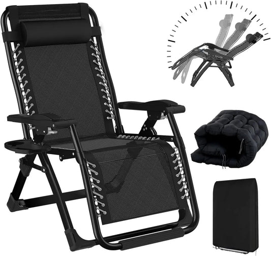Transat de Jardin Inclinable avec Coussin et Rangement, Capacité 240kg, Bain de Soleil Pliable pour Terrasse et Piscine