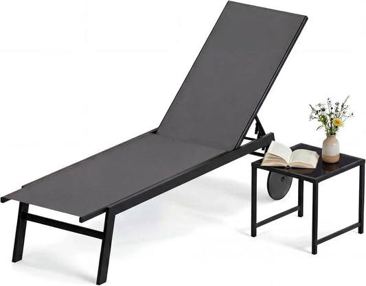 Chaise Longue Réglable avec Table Basse, 6 Positions, 150 kg, Pour Extérieur Gris