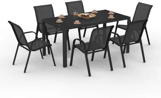 Ensemble de Jardin Madrid: Table 150 CM et 6 Chaises Empilables Noires