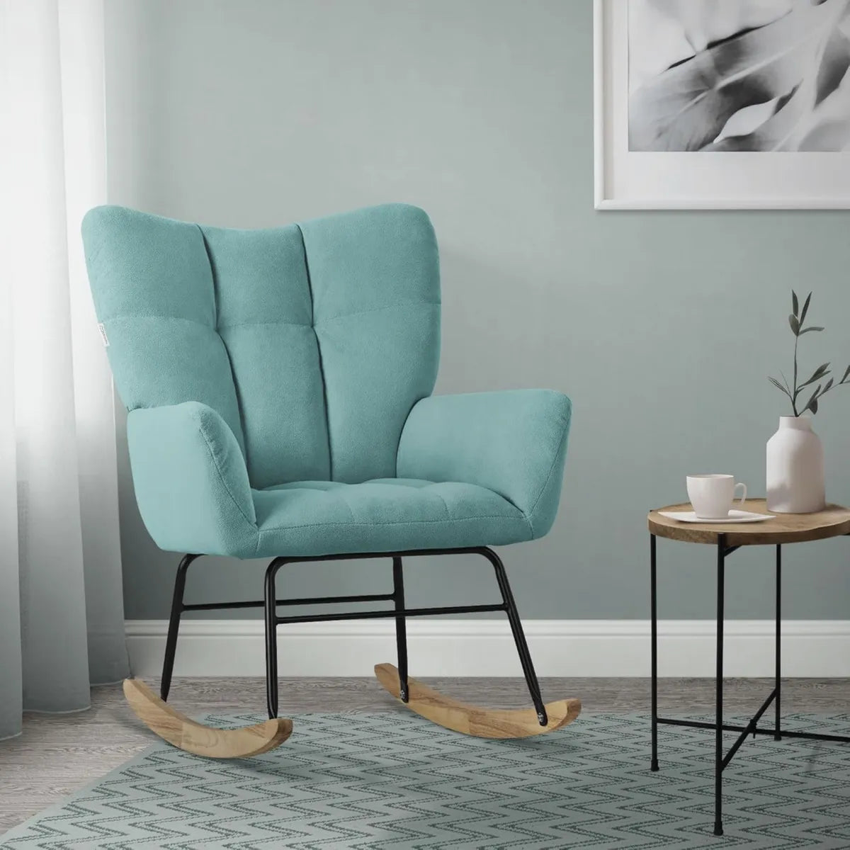 Fauteuil à Bascule Confortable en Tissu Sauge avec Structure en Acier et Pieds en Bois