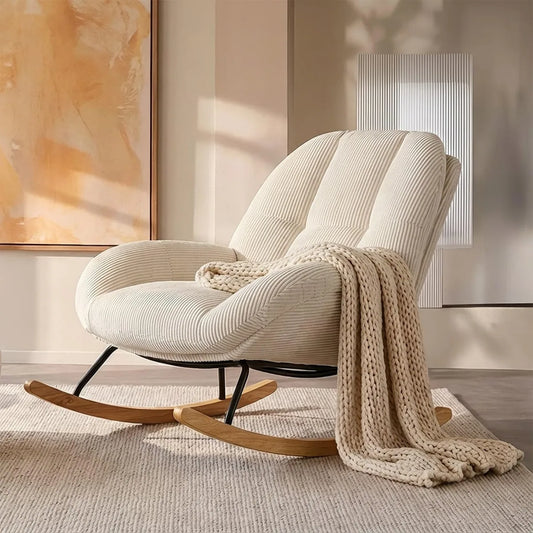 Fauteuil à Bascule Scandinave en Velours Beige, Chaise d'Allaitement avec Pieds en Bois pour Salon ou Chambre