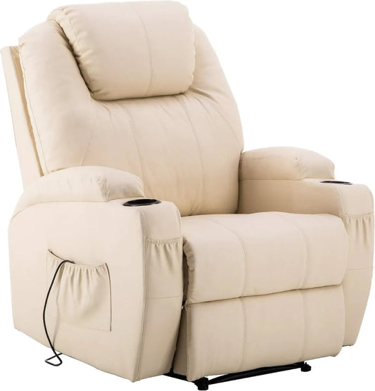 Fauteuil de Massage Électrique MCombo avec Chauffage et Vibration, Similicuir Crème, Modèle Récent