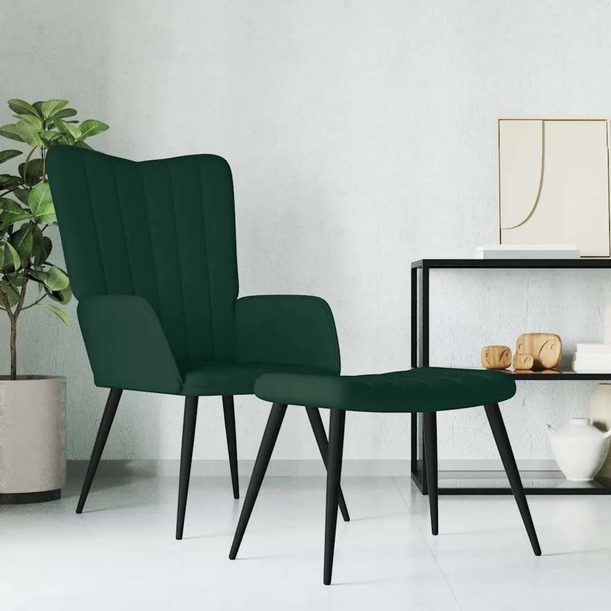 Chaise de Relaxation en Velours Vert avec Tabouret pour Intérieur et Extérieur