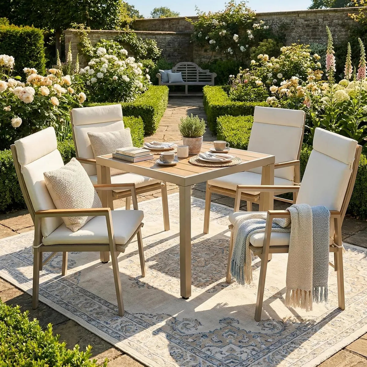 Set de Mobilier de Jardin 4 Places, Table + 4 Chaises pour Extérieur, Beige