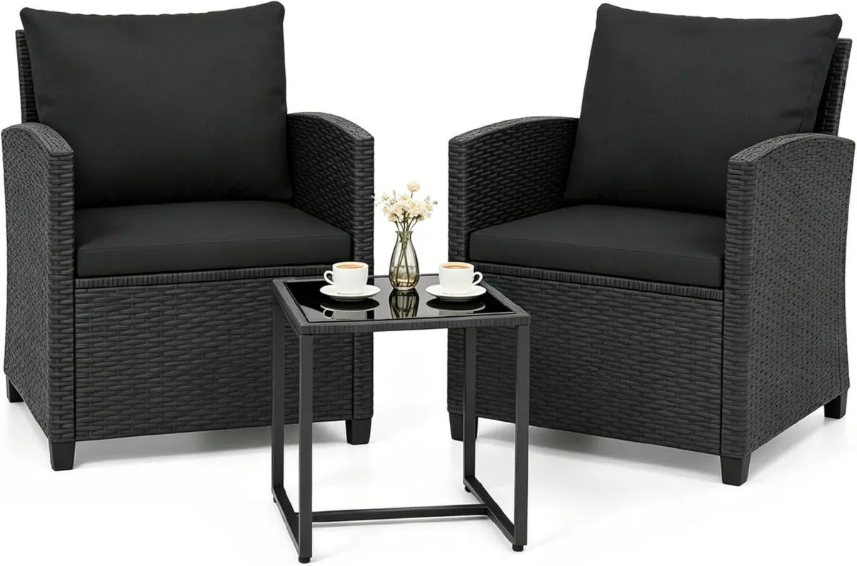 Set de Mobilier de Jardin Extérieur 3 Pièces, 2 Fauteuils avec Coussins et Table Basse en Verre, Pour Balcon, Terrasse, Cour