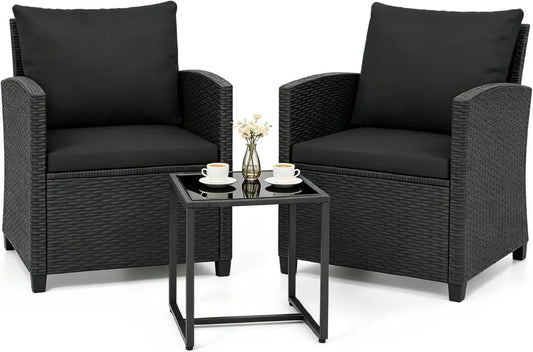 Set de Mobilier de Jardin Extérieur 3 Pièces, 2 Fauteuils avec Coussins et Table Basse en Verre, Pour Balcon, Terrasse, Cour