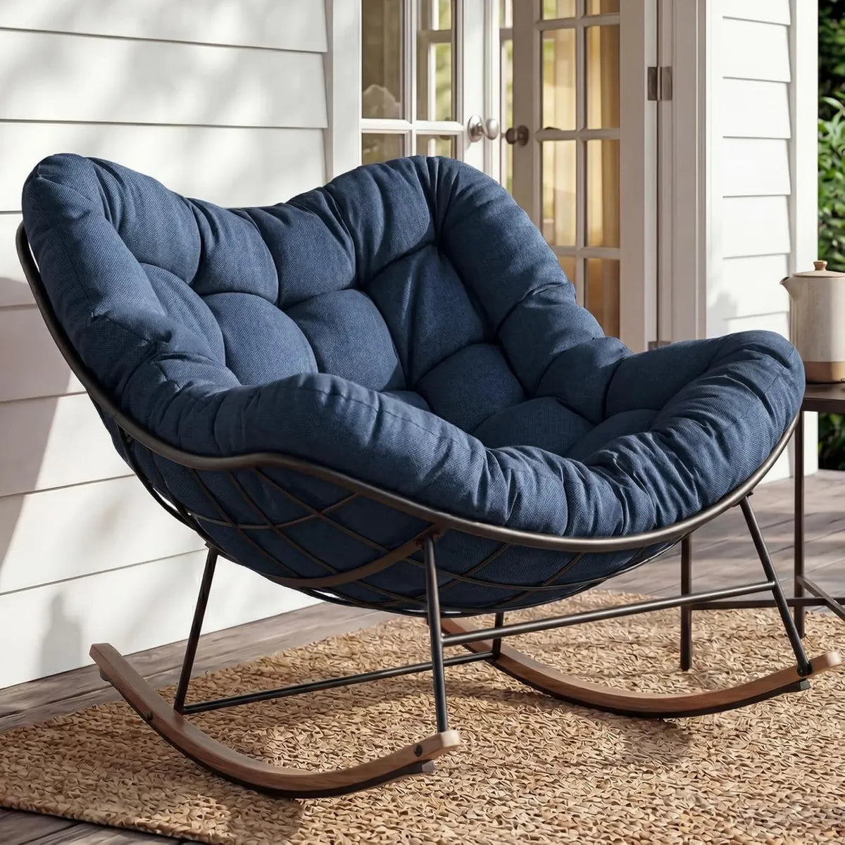 Chaise Longue à Bascule de Jardin avec Coussin, Capacité 150 kg, Bleu Foncé