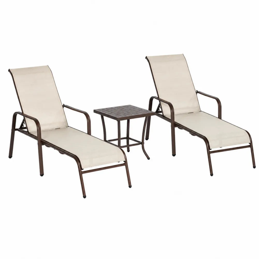 Ensemble de jardin 3 pièces avec 2 bains de soleil réglables 173 x 64 x 95 cm et table 45 x 45 x 45 cm en acier thermolaqué brun et textilène beige