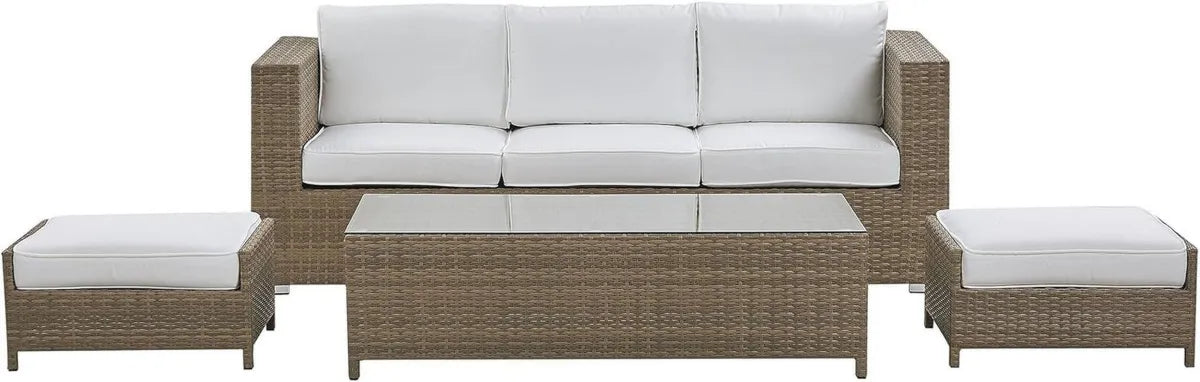 Ensemble de Salon de Jardin en Rotin Marron avec Coussins Blancs - Canapé, Table Basse et Poufs Style Bohème Moderne