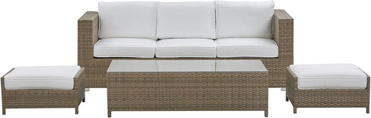 Ensemble de Salon de Jardin en Rotin Marron avec Coussins Blancs - Canapé, Table Basse et Poufs Style Bohème Moderne