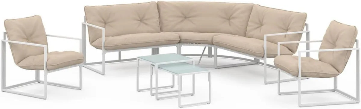 Ensemble de Jardin d'Angle 8 Places Nairobi - Structure Acier Blanc, Coussins Beiges