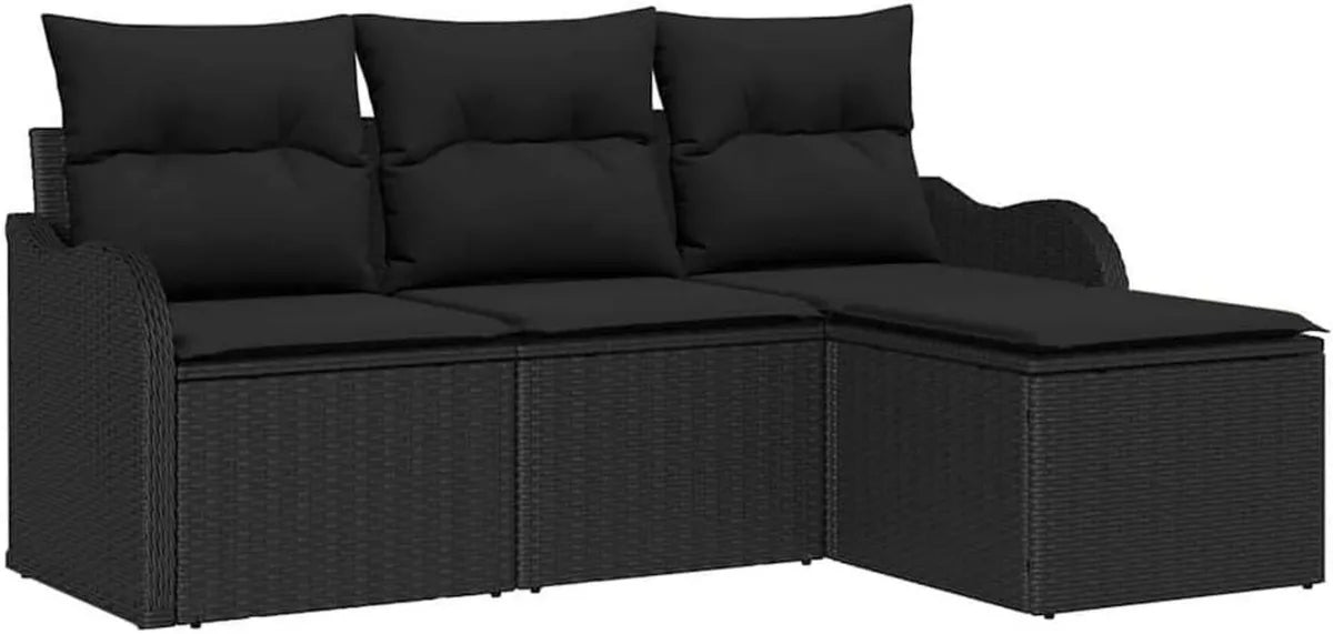 Ensemble de Salon de Jardin en Rotin Noir avec Coussins, 4 Pièces, Modulaire et Résistant aux Intempéries