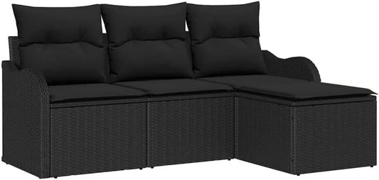 Ensemble de Salon de Jardin en Rotin Noir avec Coussins, 4 Pièces, Modulaire et Résistant aux Intempéries