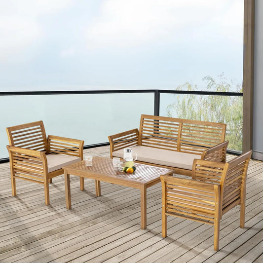 Ensemble de Jardin 4 Pièces en Bois d'Acacia avec Table, Banc et Chaises Beige