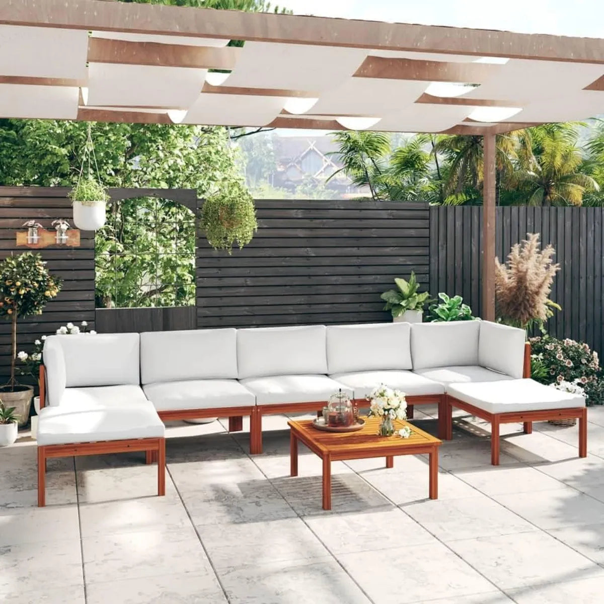 Ensemble de jardin modulaire 8 pièces avec coussins crème et dossier en corde