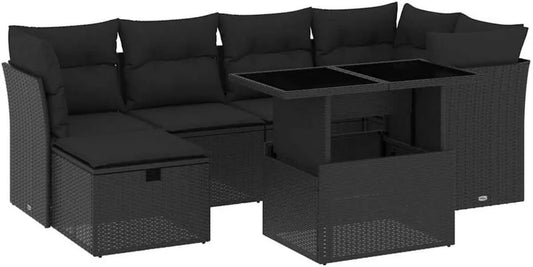 Ensemble de Salon Extérieur 7 Pièces en Résine Tressée avec Coussins Noirs