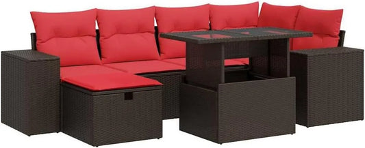 Ensemble de Mobilier de Jardin 7 pcs en Résine Tressée et Acacia avec Coussins Noirs