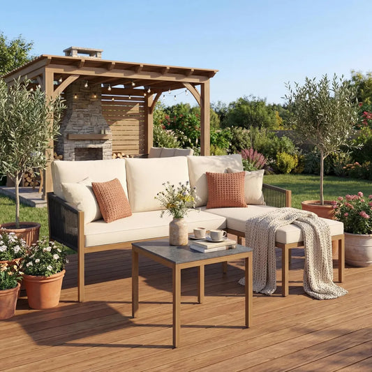 Ensemble de Salon de Jardin en Corde Tressée avec Canapé d'Angle L, Méridienne, Table Basse et Coussins Épais pour Patio