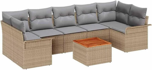Ensemble Salon de Jardin 8 Pièces en Acacia Beige et Gris Clair, Résistant aux UV